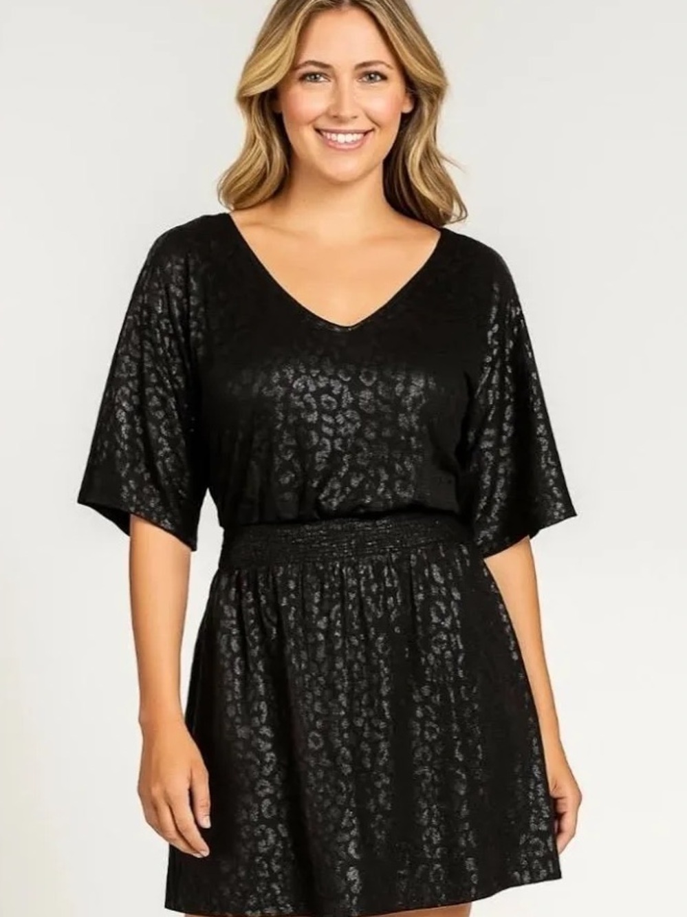 WHBM Kimono Sleeve Smocked Waist Dress Leopard Foil Mini Animal Print Sz L
